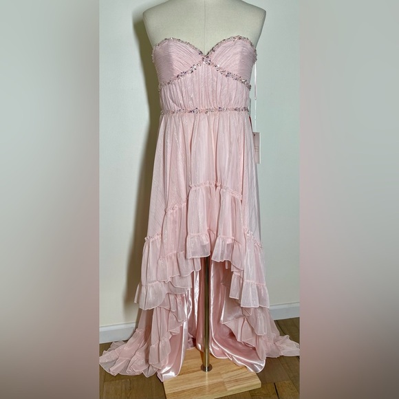 Mac Duggal 68096 | Pale Pink Beaded Ruffle High Low Gown | Strapless | Size 10 - Picture 2 of 7